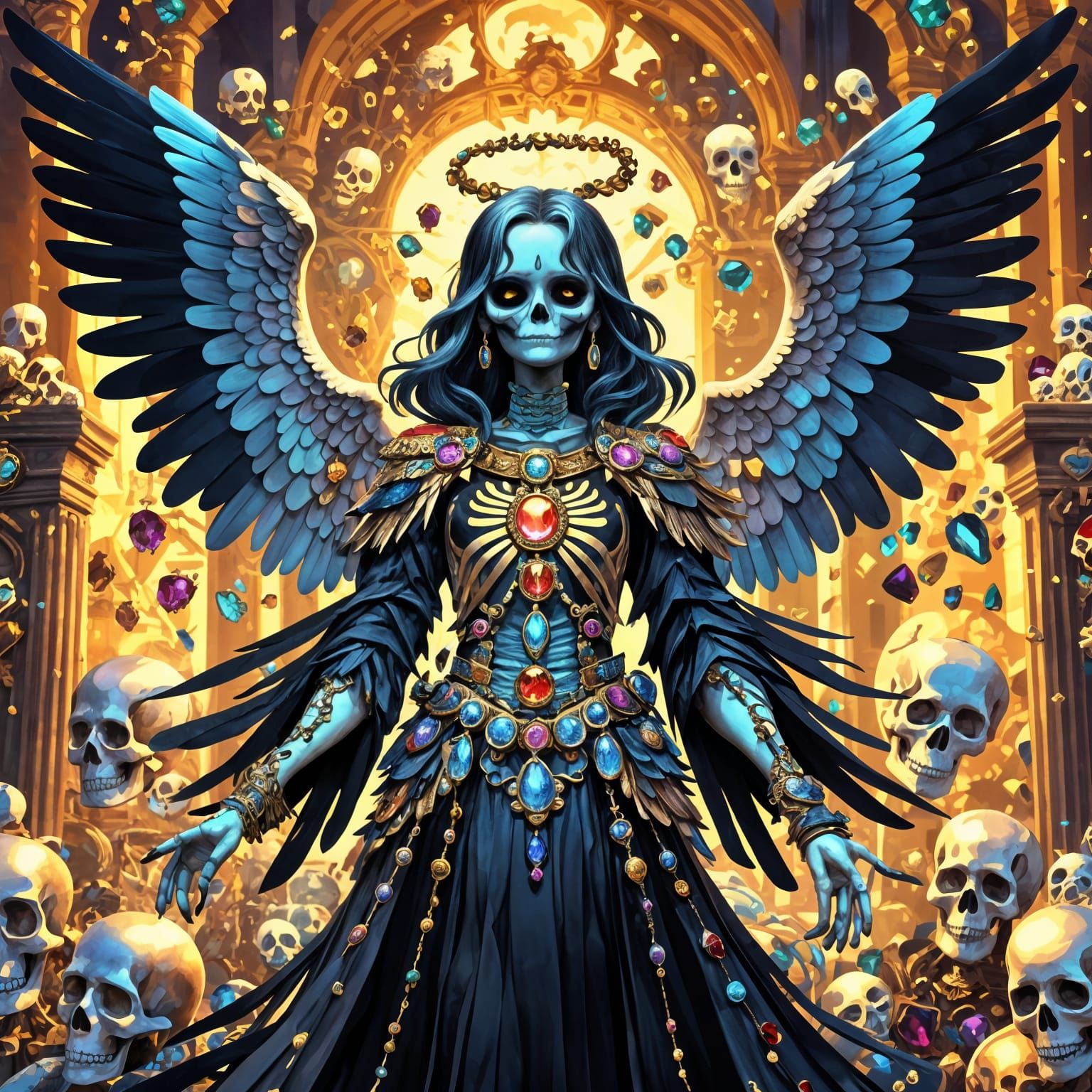 Multicultural Goddess of Death in Lavish Attire