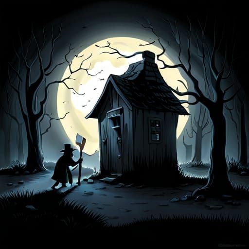 Cursed old shack in on spooky graveyard at night ;; Creepy g...