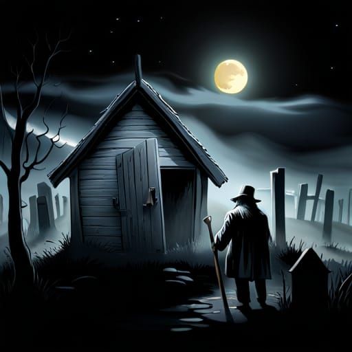 Cursed old shack in on spooky graveyard at night ;; Creepy g...