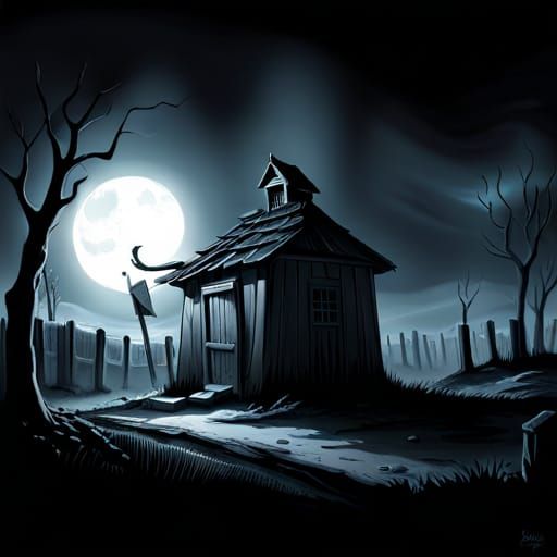 Cursed old shack in on spooky graveyard at night ;; Creepy gravedigger holding shovel