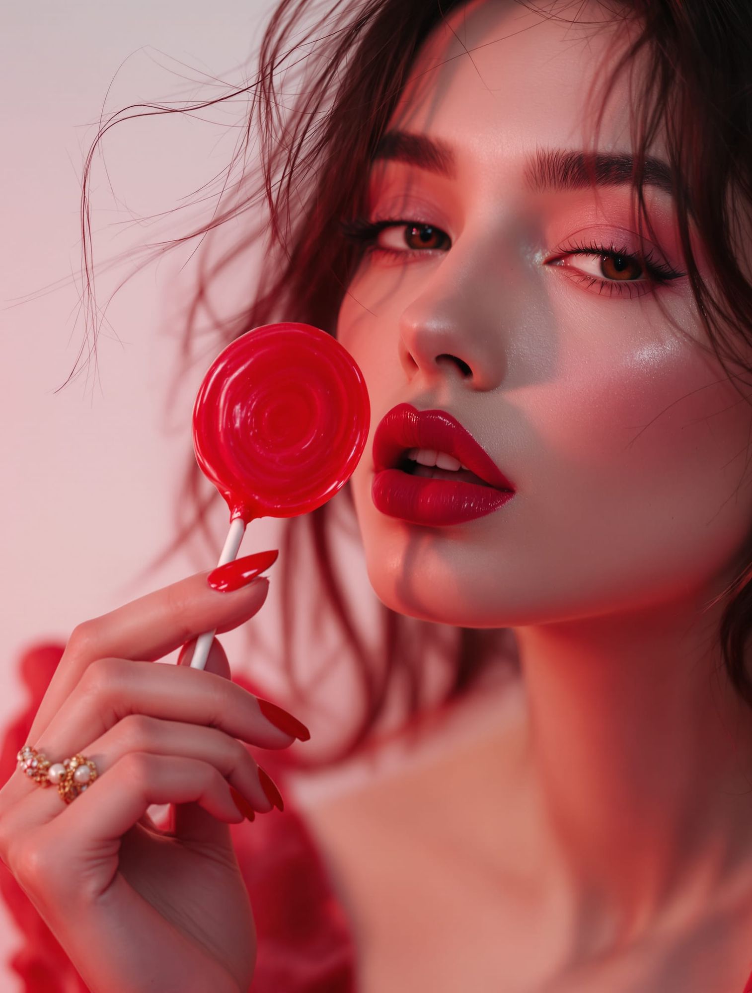 Capture the essence of playful indulgence in a soft-lit portrait featuring a character holding a vibrant red candy. The background is minima...