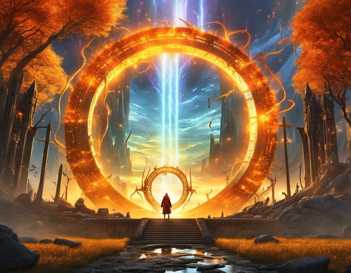 A double exposure of a colossal, crystalline gateway floats in the void between dimensions, pulsing with raw magical energy. Within its dept...