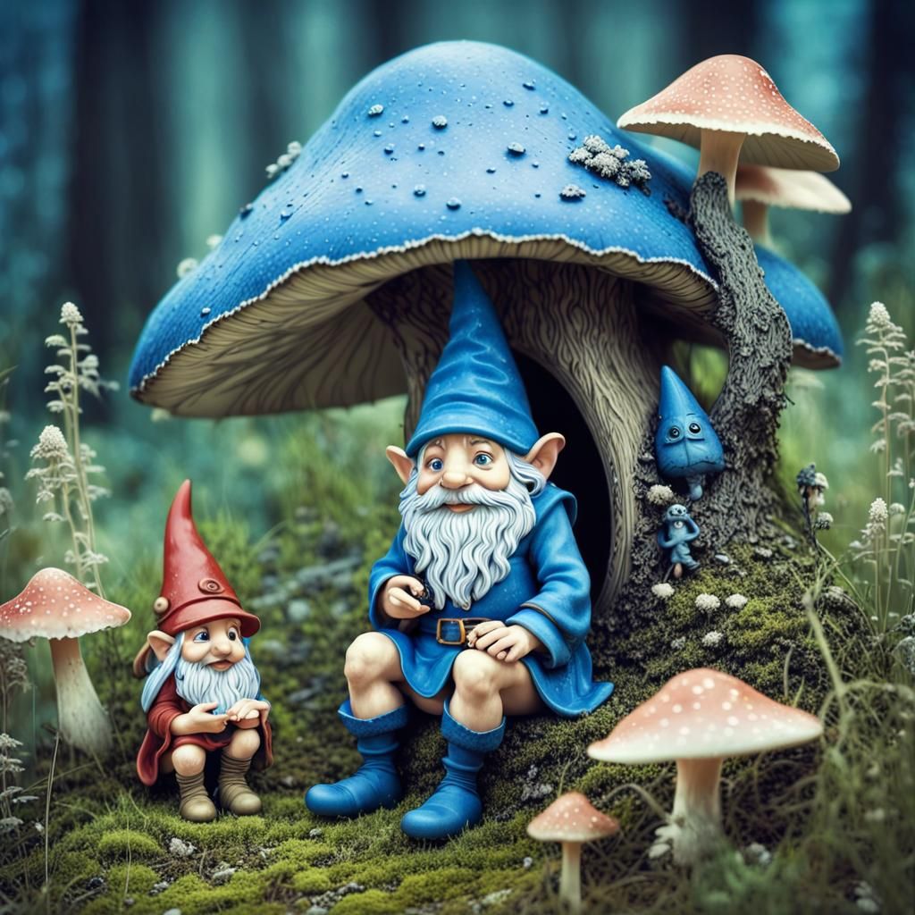 a small old gnome sitting under fungus chat with a traveller...