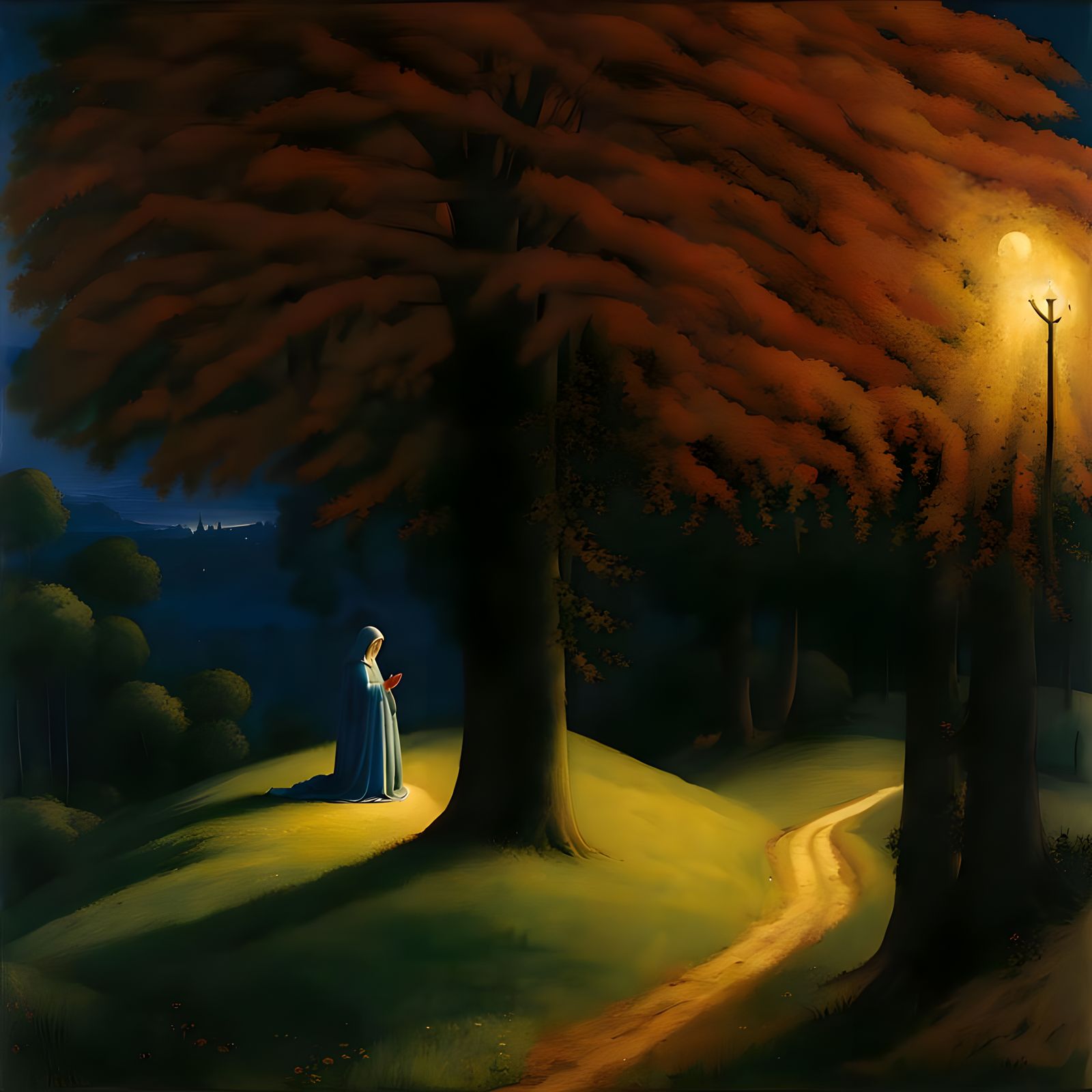 Hooded Woman in Prayer: A Luminous Painting