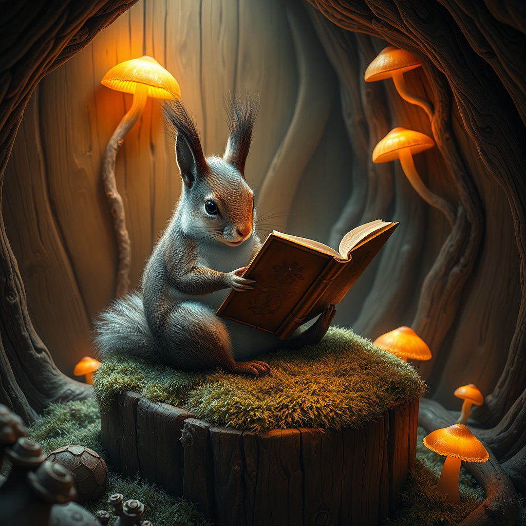 Squirrel Reading Book in Cozy Burrow, Fantasy Art