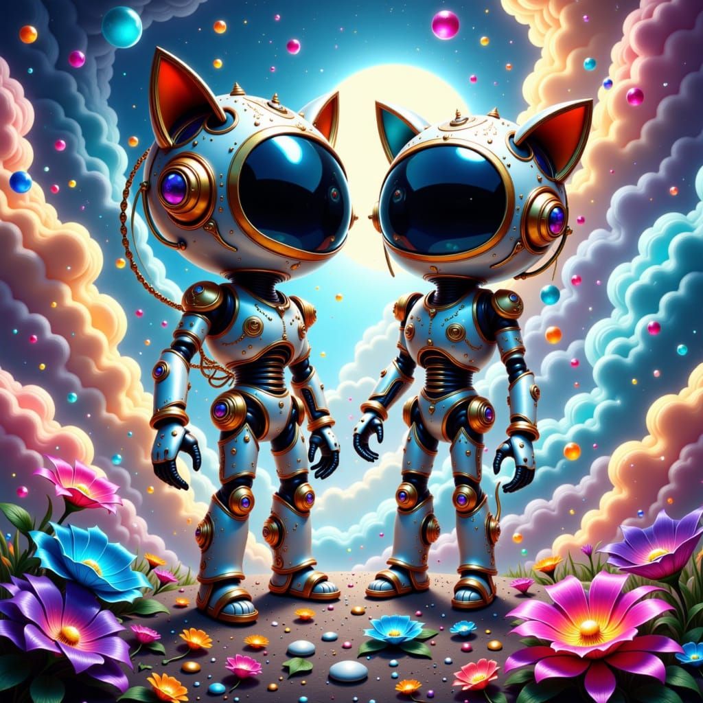 Cosmic Mannerist Robot and Kitty in Celestialpunk Style. This image shows a whimsical robot and kitty in a cosmic summer scene. The artwork ...