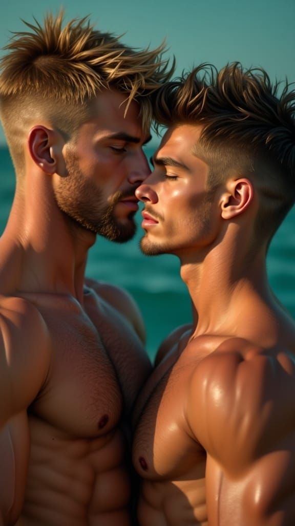 A hyperdetailed photorealistic image depicting a tall athletic jock with a masculine physique and a plump posterior tenderly kissing his boy...