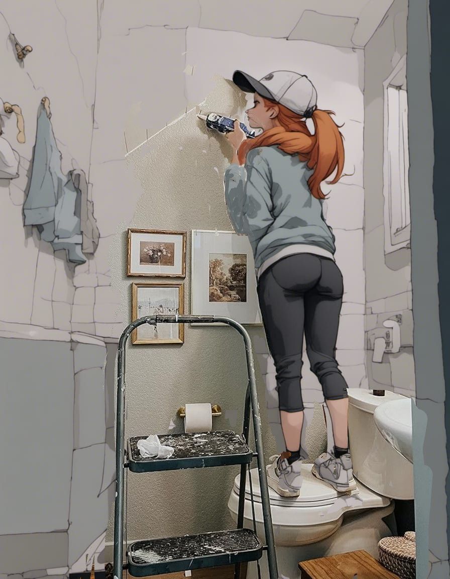 Fox-girl Vixen doing some caulking in her bathroom.