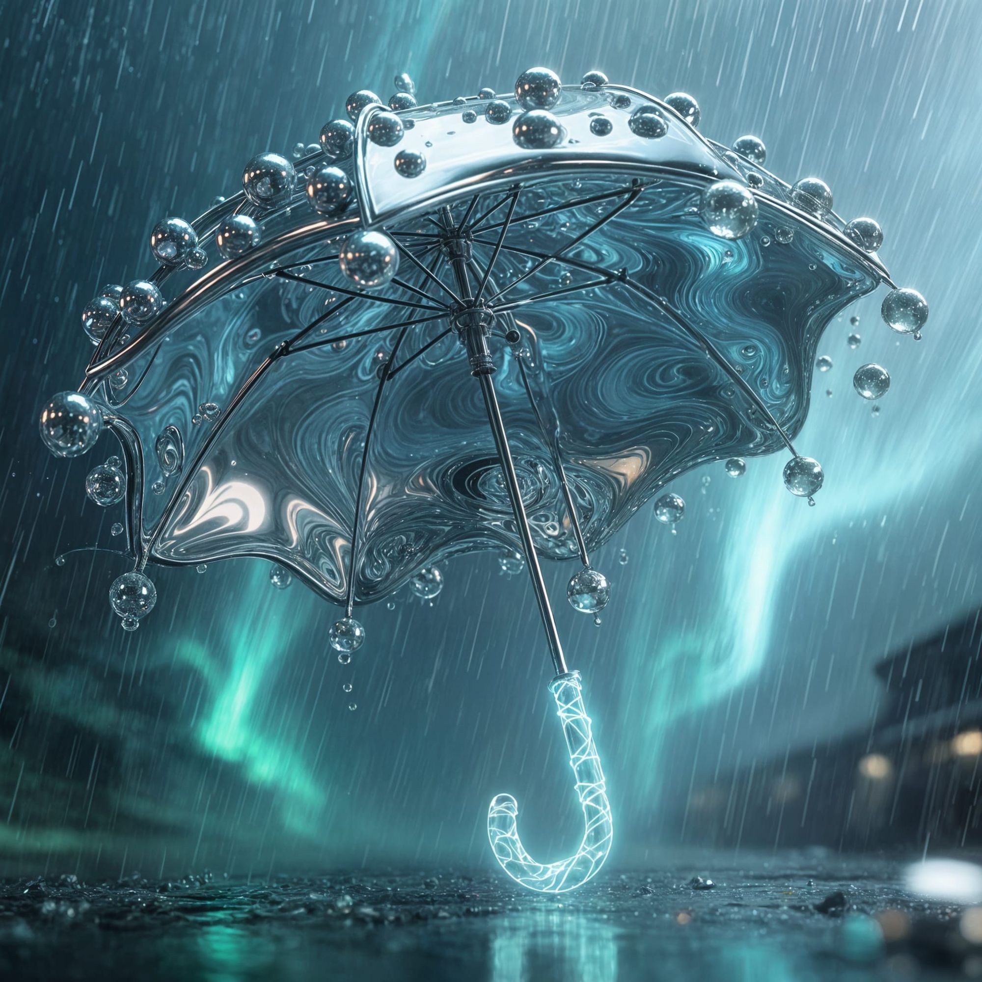  An umbrella made entirely of shimmering liquid mercury, held together by magnetic tension forming perfect metallic ripples, with each dropl...