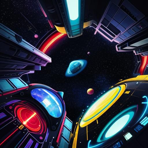 Deep in outer space, the crew in a spaceship, vibrant, intri...