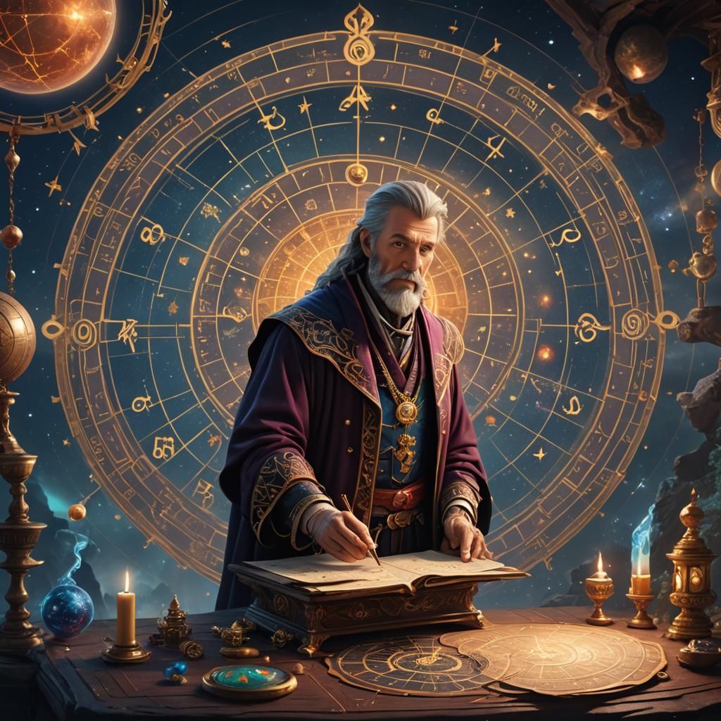 Astrologer Examining Astral Chart in Detailed Digital Painti...