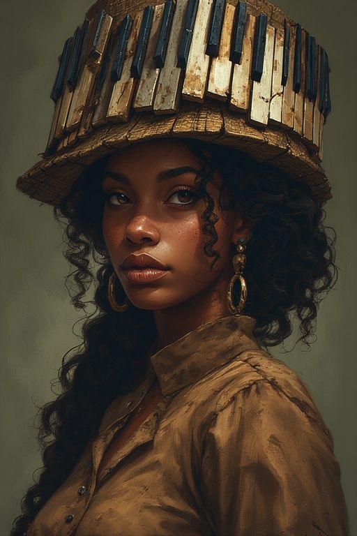 BLACK WOMAN WEARING A HAT MADE FROM PIANO KEYS  🎼 ✨️.