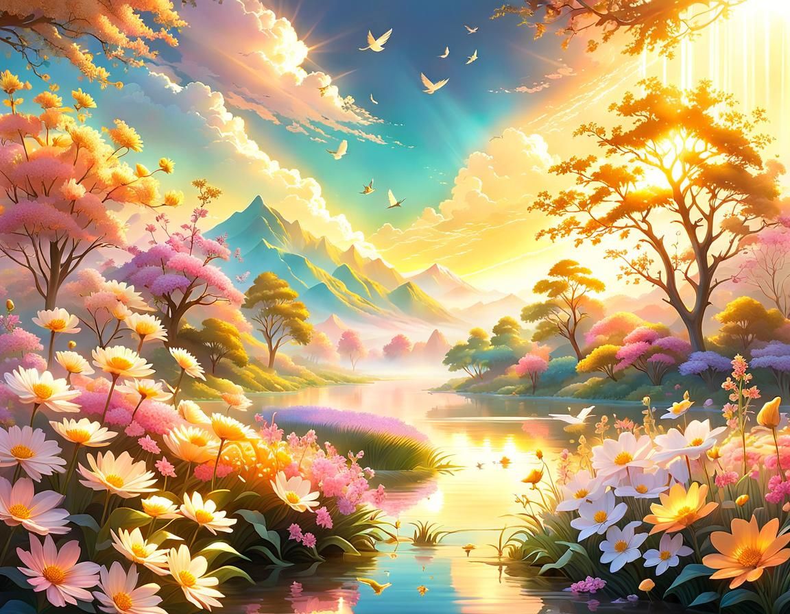 Land of Surreal Beauty where soft golden rays of the rising sun spread across, magical Pastel Color Flowers ...  by @Uttia Majumdar