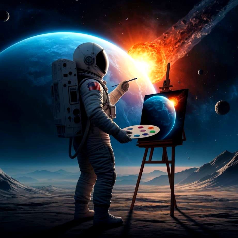 Astronaut painting meteor striking planet  by @David Myers