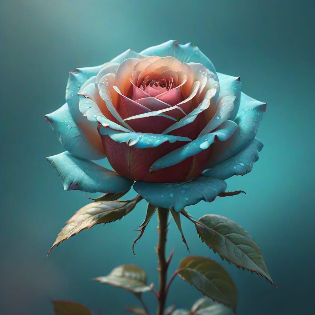 Velvety Red Rose in Dreamy Turquoise Hues