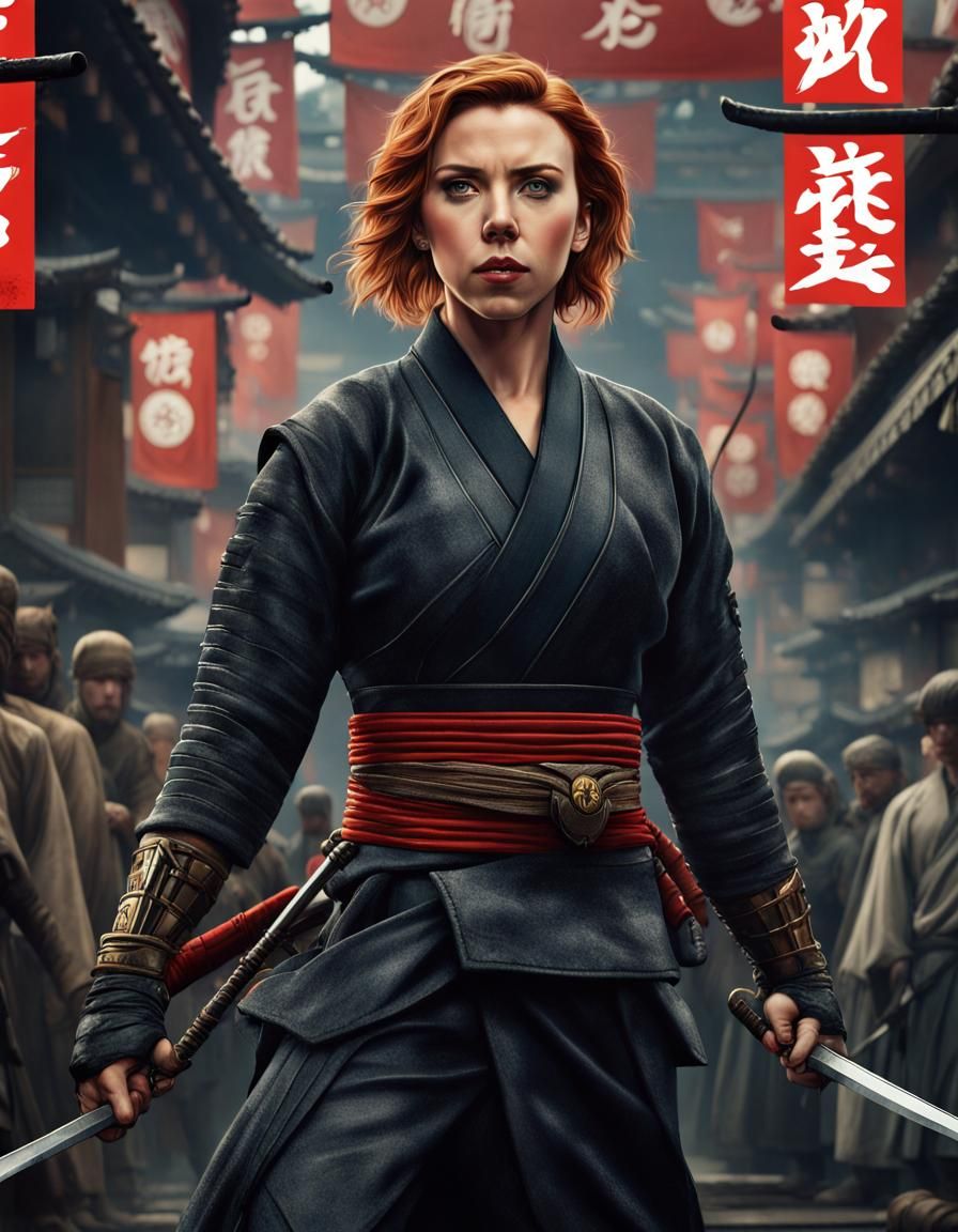 Scarlett Johansson, Natasha Romanoff, Black Widow dressed as a Medieval Japanese ninja in Japan, action scene, Marvel St...