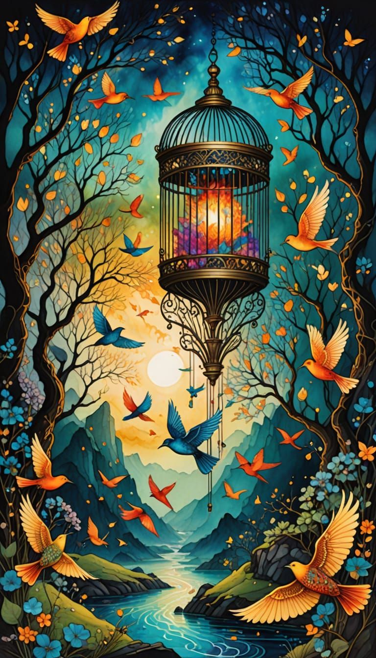  Intricately detailed alcohol ink illustration, Zentangle, fantasy illustration, detailed painting, and vibrant color, A flock of glowing bi...