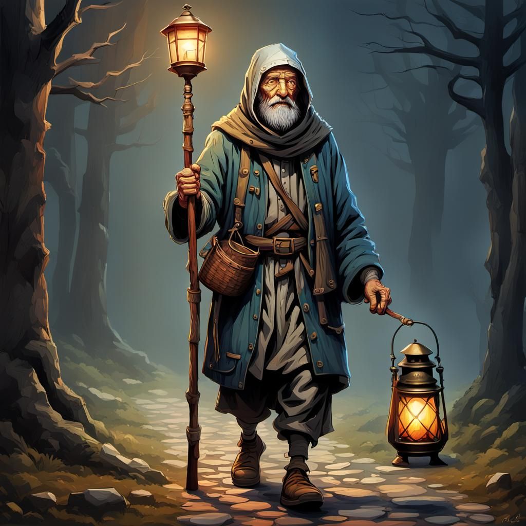 elderly pilgrim walker, with hood on his head, with wooden s...