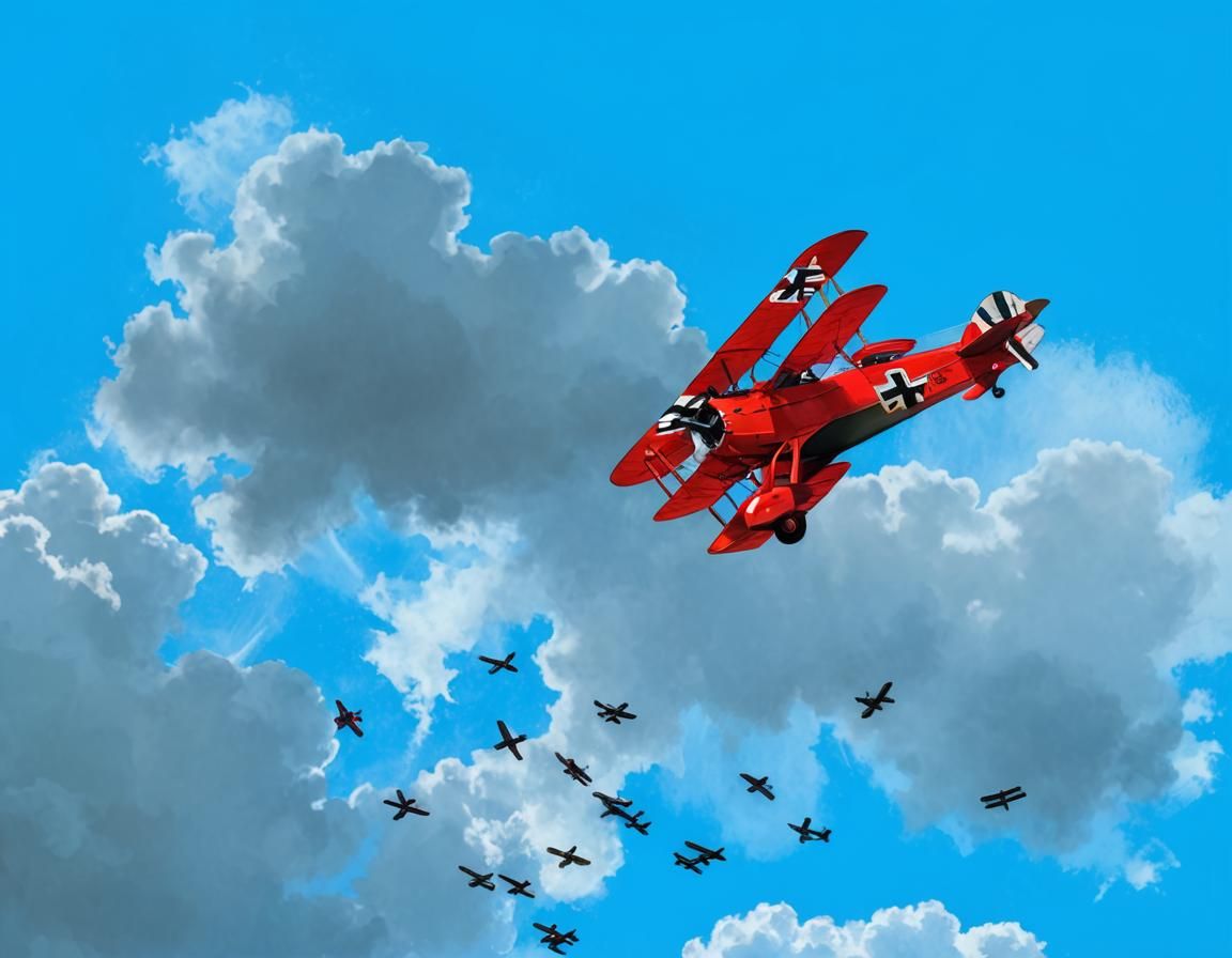 A WWI Fokker Dr. 1 Triplane flying through the clouds.