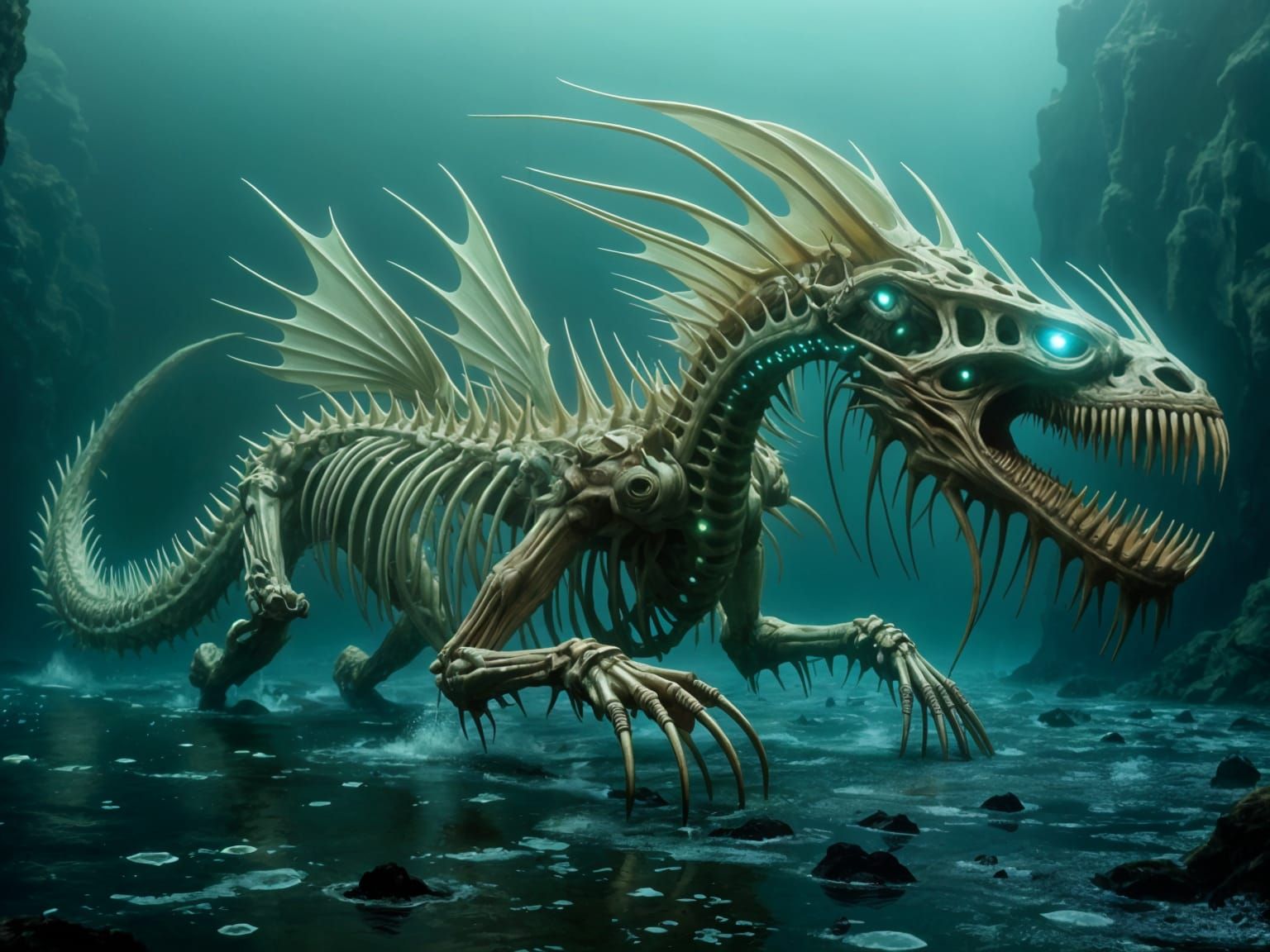 Wolf-dragon moster hybrid <lora:Sharp teeth:1.0>   skeleton sea serpent