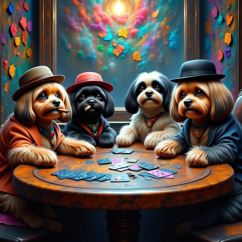 Cinematic Dogs at a Poker Table in a Vibrant Cityscape