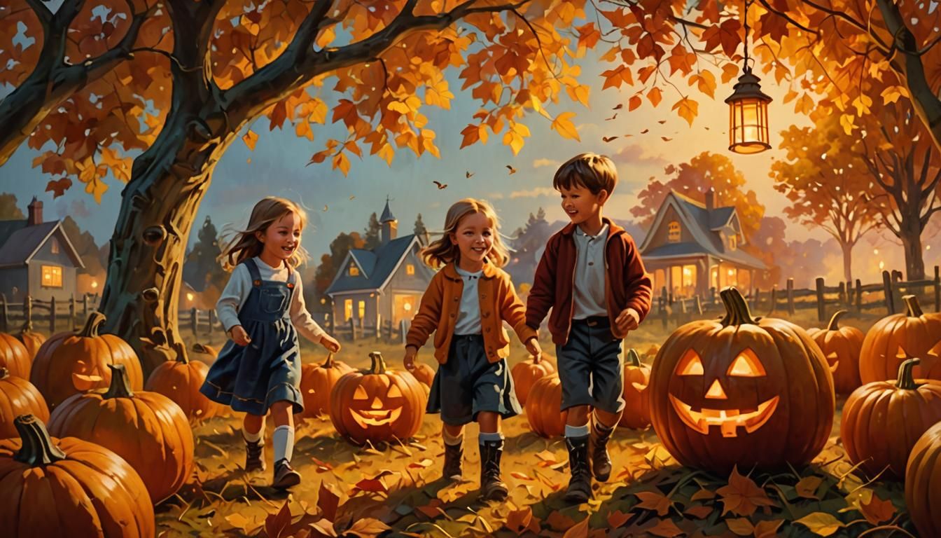 Autumn pumpkin patch with tiki lamps and children playing, evening