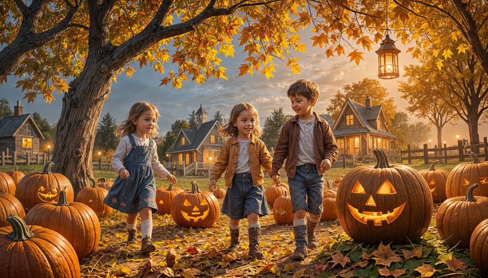 Autumn pumpkin patch with tiki lamps and children playing, evening  by @Ed Evans