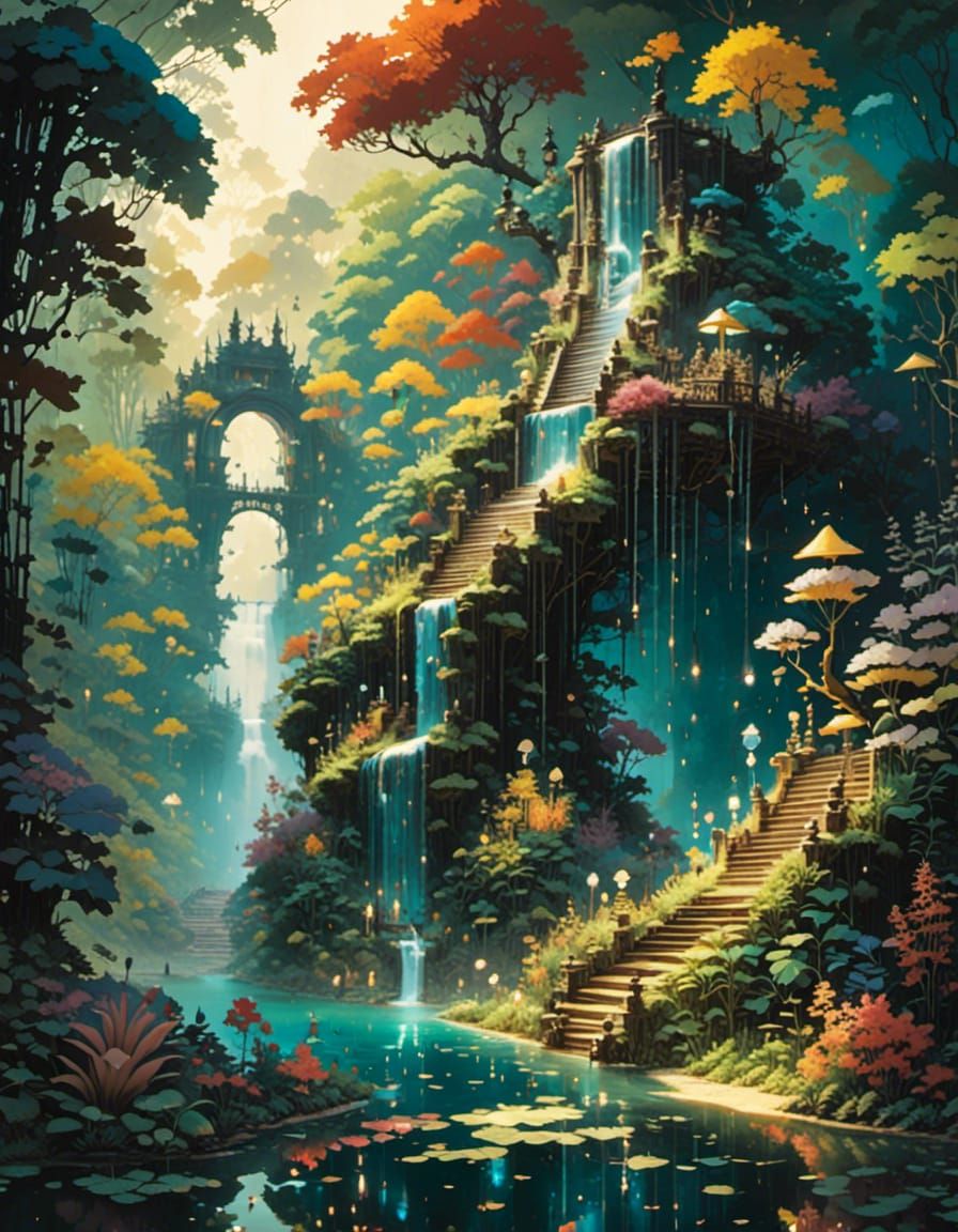  <lora:Anime fantasy:1.0> colorful hidden secret waterfall garden 
