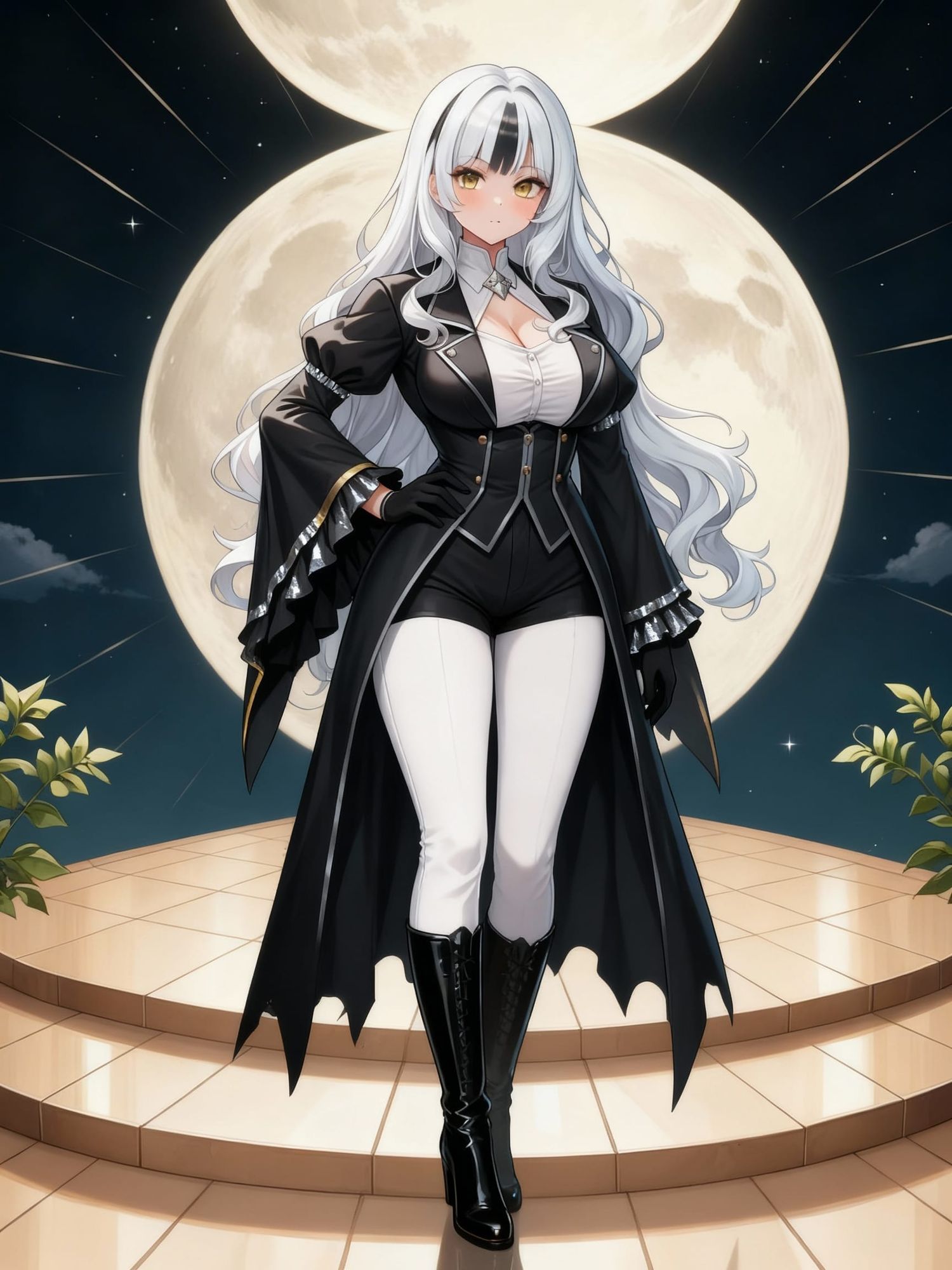 Gabriel standing with the moon behind her and her pure white long wavy hair cascading gracefully around Her striking gold eyes sparkle with ... - Start Image 2