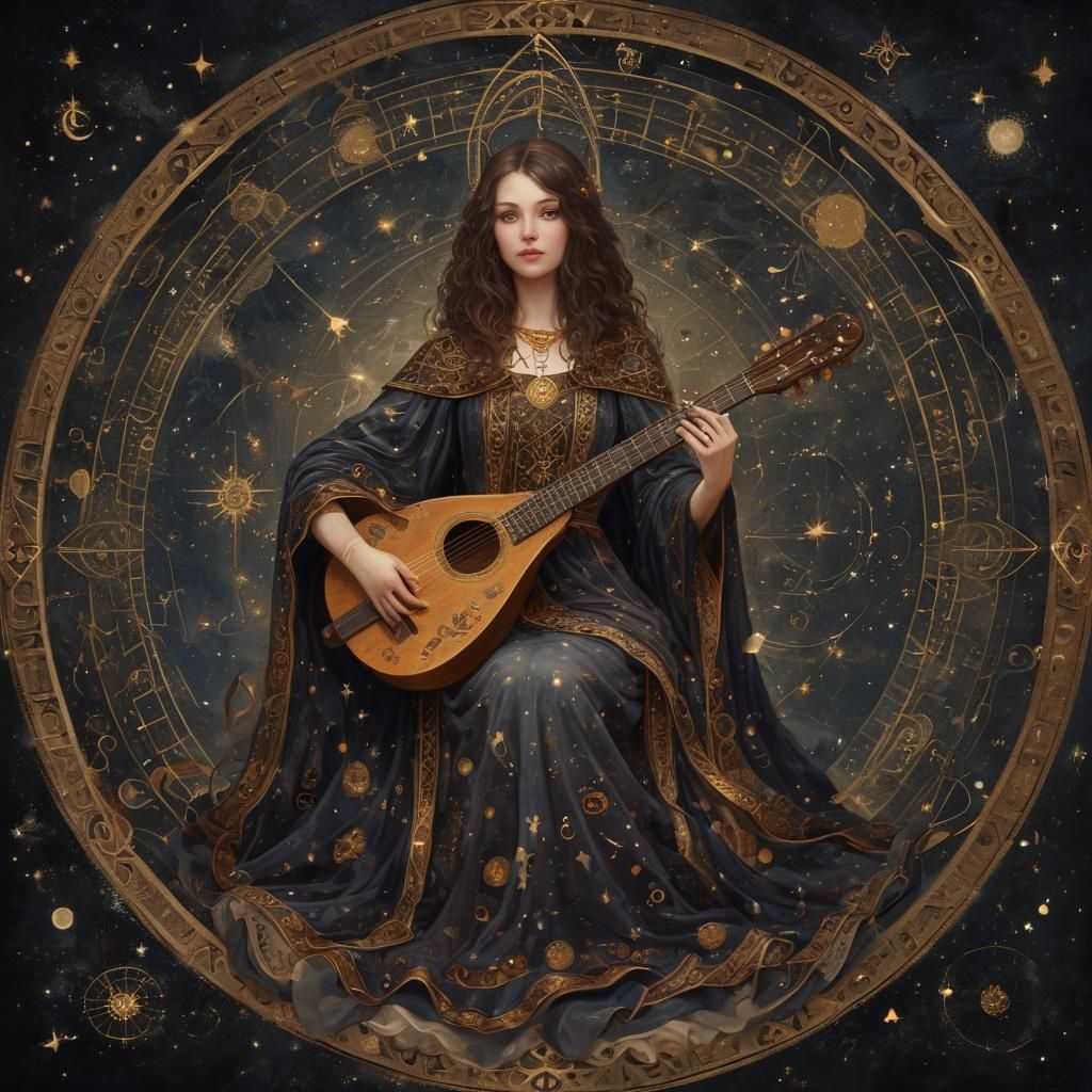 A female Starlight Bard with intricate math art patterns and...
