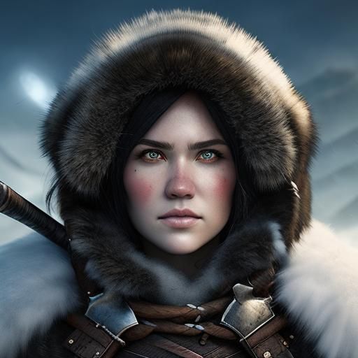 Harpoon, Barbarian female, arctic background, fur clock, bla...