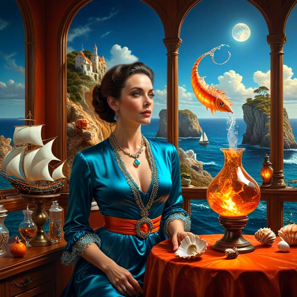 Ethereal Haute Couture Enchantress Amidst Whimsical Seascape