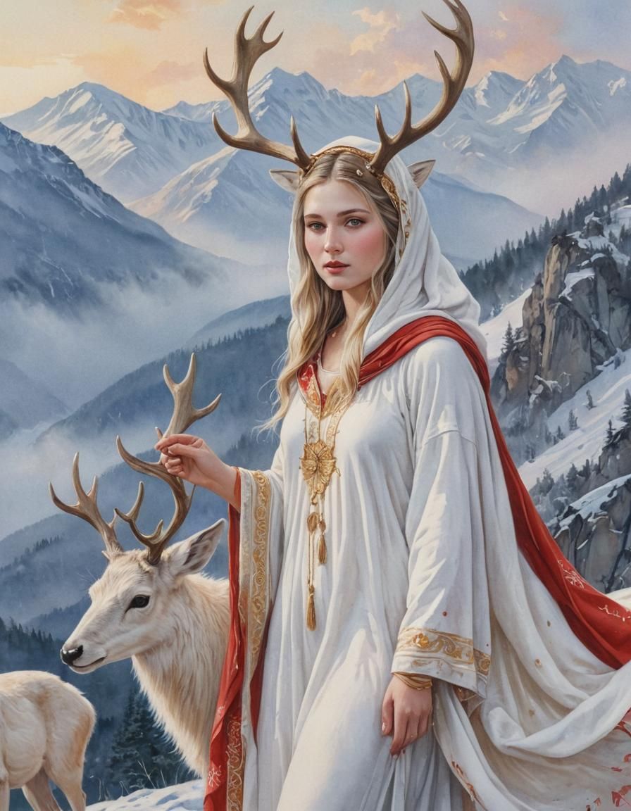 Rohanitsa, Deer Mother, the winter Goddess with antlers, with her deer ...