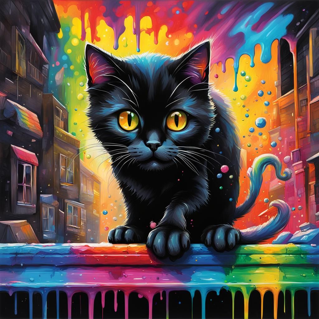 small black cat with rainbow ligts on the roof