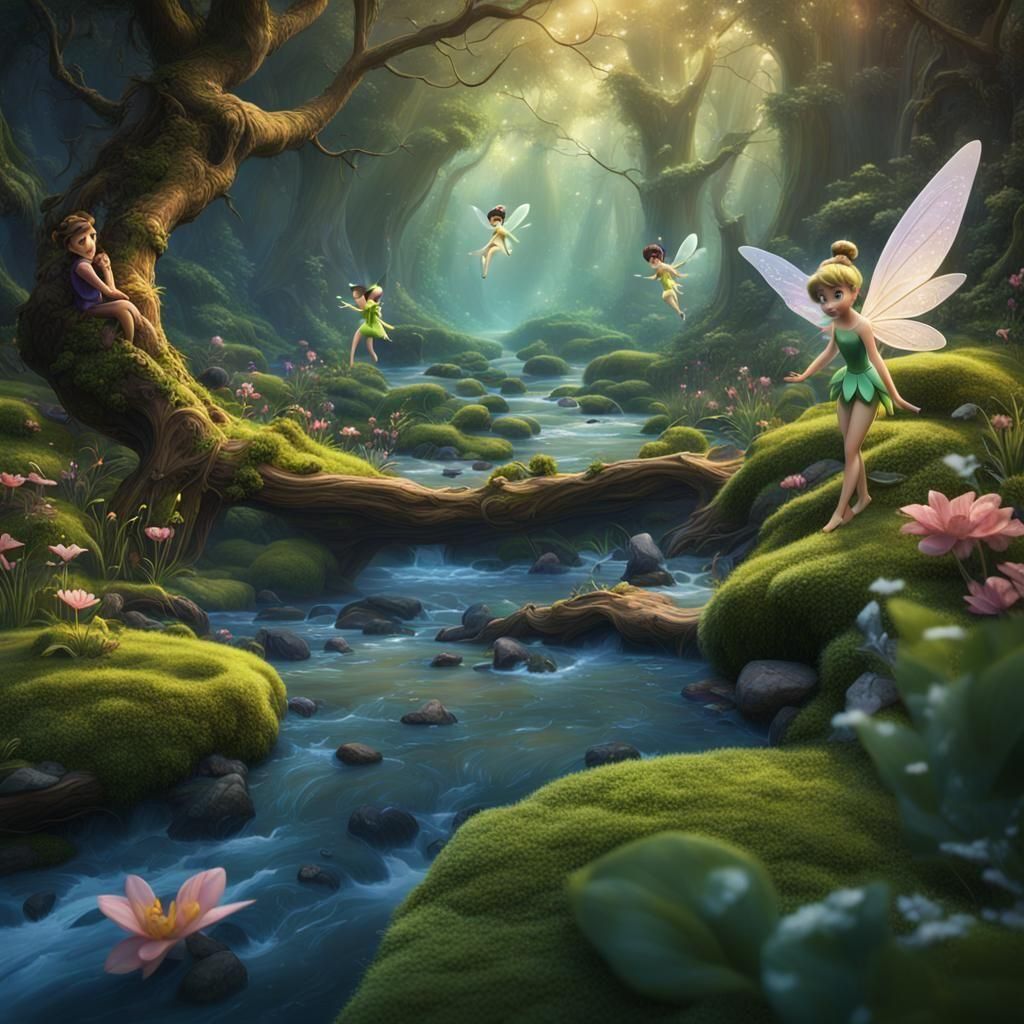 Disney Fairies and Tinkerbell in a brook landscape - AI Generated ...