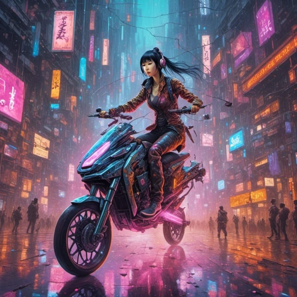 Beautiful Asian cyberpunk <lora:Asian android:1.0>  riding a motorcycle.  