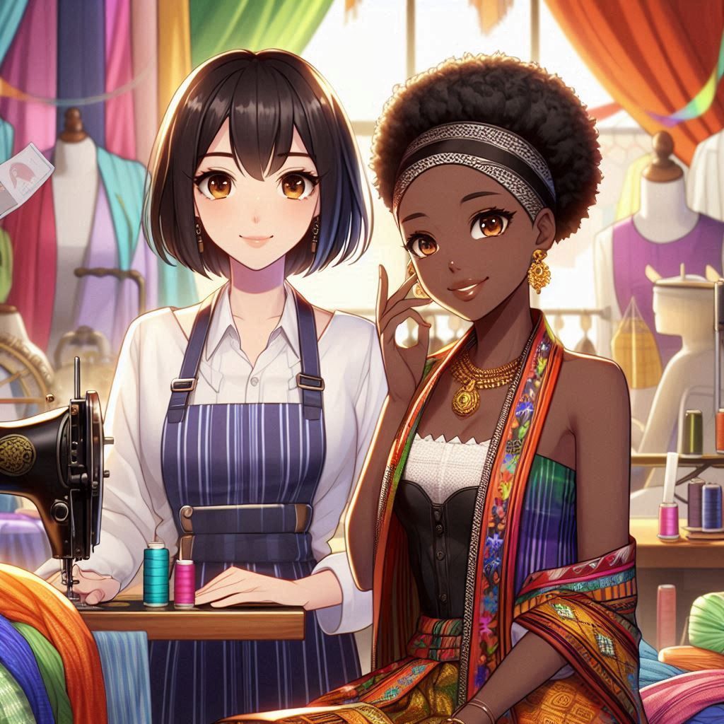 Helping Inini in her workshop clothes brand