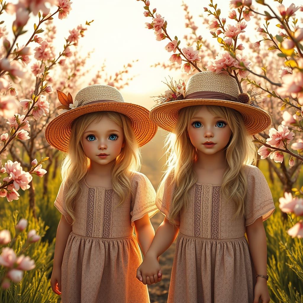 Twin Sisters Wander Through a Vibrant Almond Bloom in a Fant...