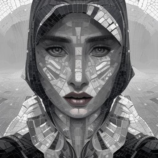City on the moon Hooded alien creature mosaic black and whit...