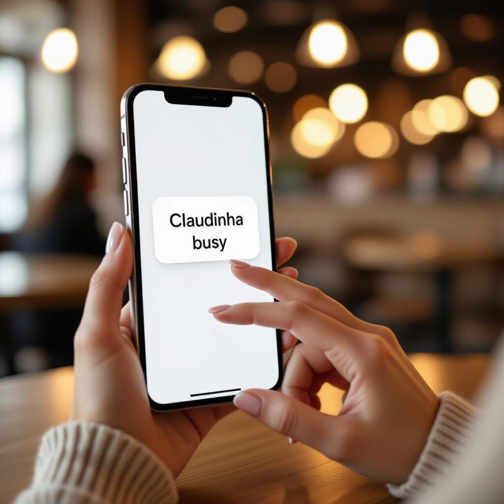 Close-up of a smartphone screen glowing in a woman’s delicate hands. The screen shows a friendly notification: “Claudinha busy.” Her fingers...