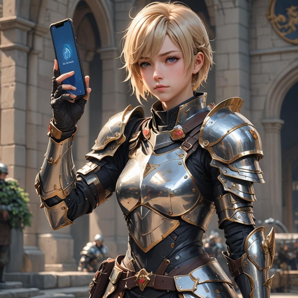 warrior in full armor, short blond hair, wielding a cell pho...
