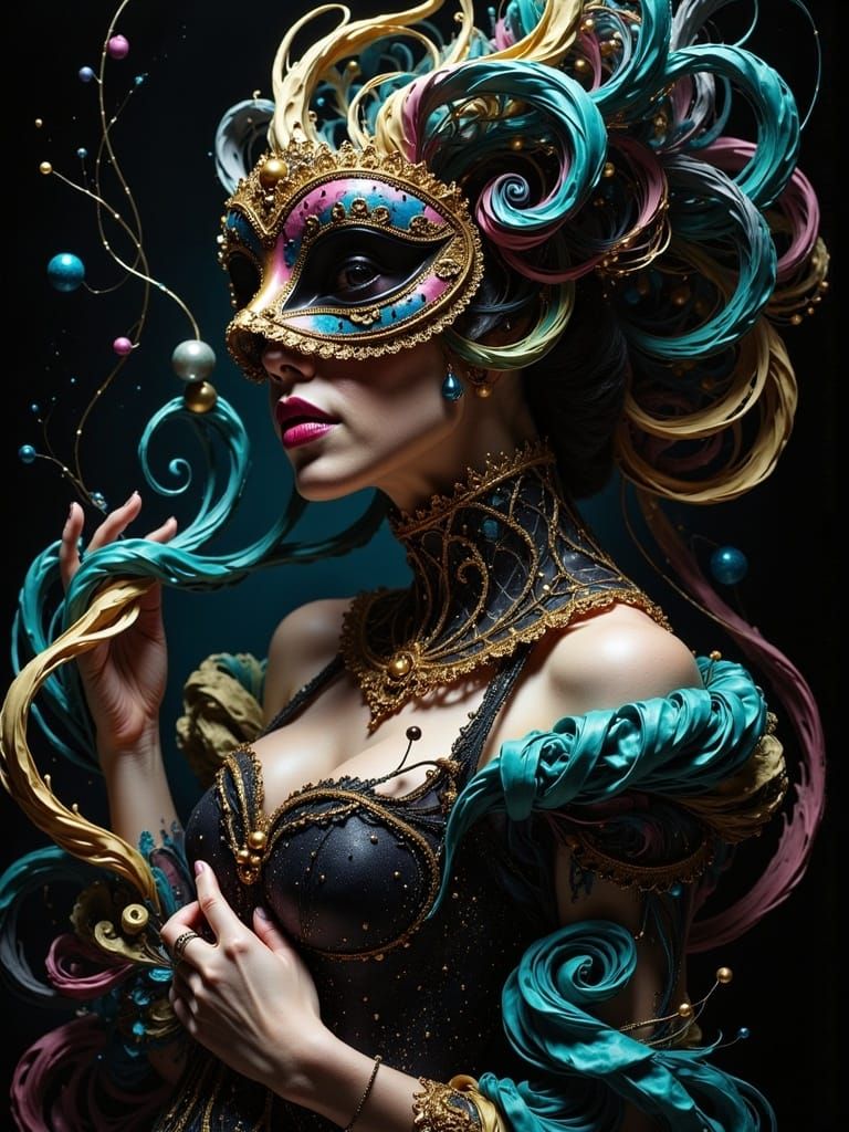 nobless with venetian mask, rococo, curvy, hyperdetailed, bokeh, carnveal scenery, monochrome masterwork, glimpses of teal and pink, soft bu...