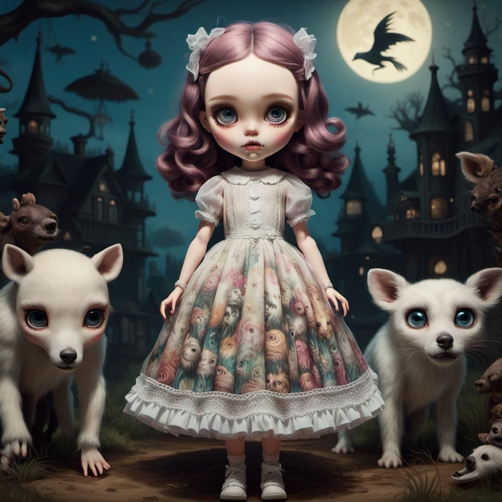 Neo blythe ghost wearing a dress made of animals, Mark ryden style - AI ...