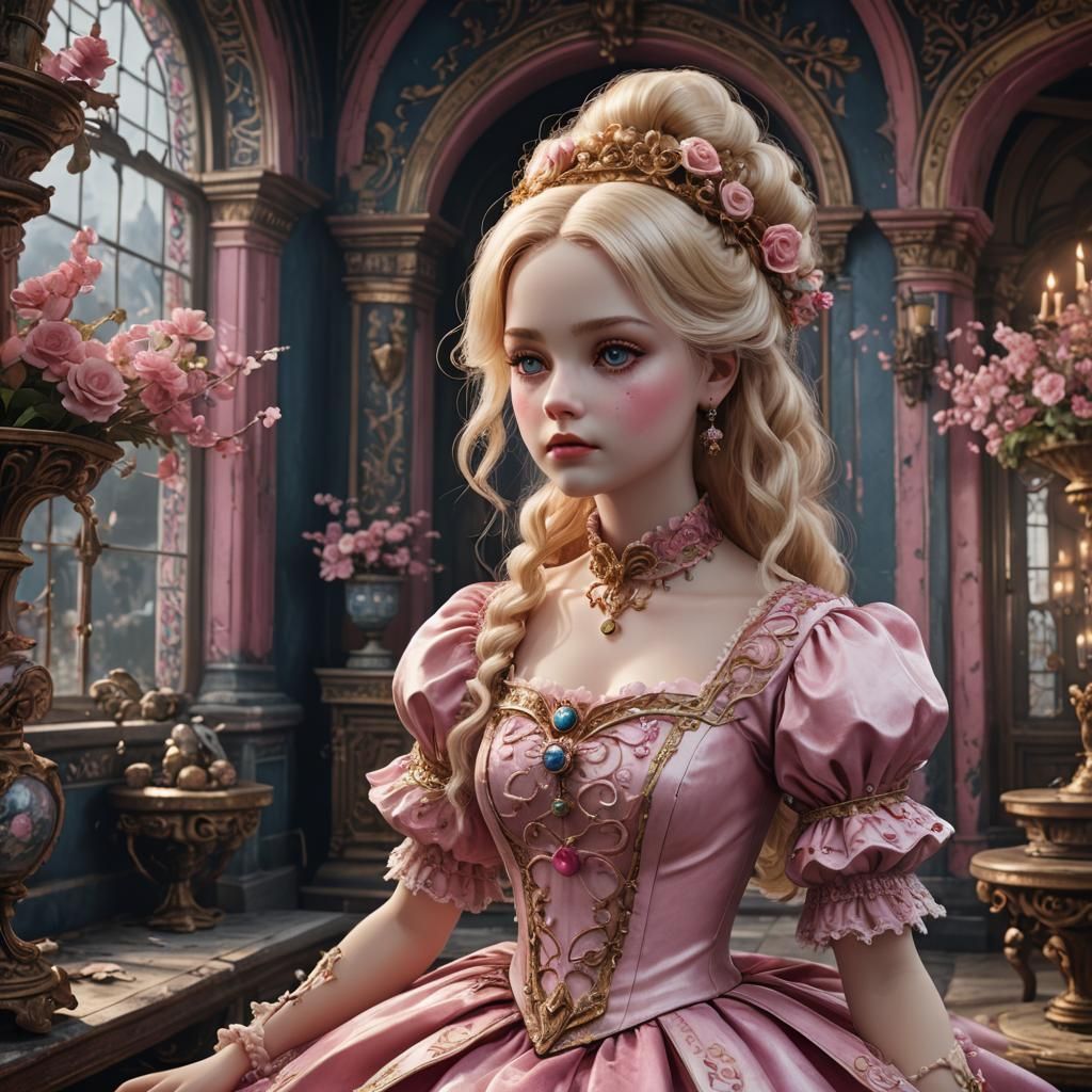 A pretty porcelain doll, blonde, pink dress, controled by it...