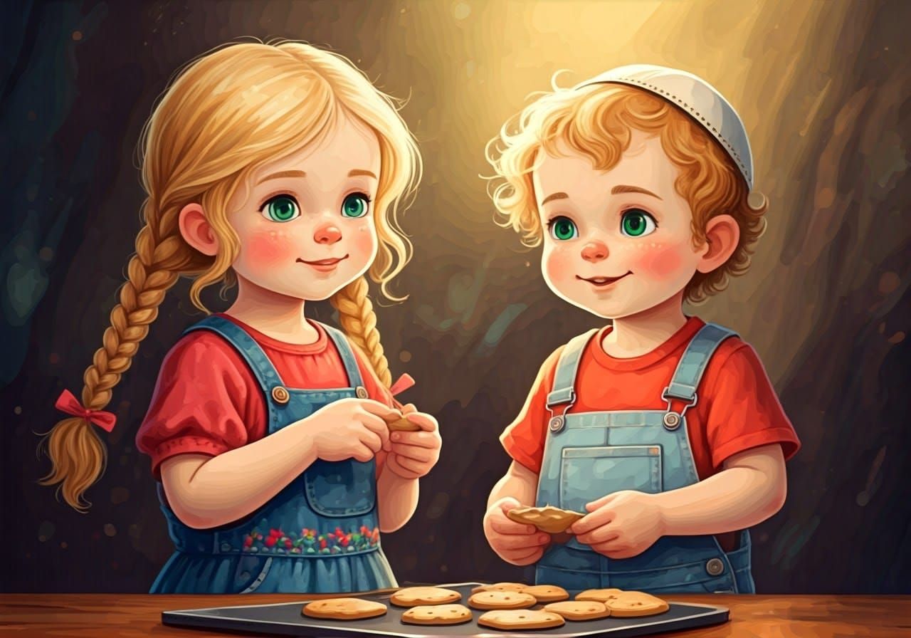 Whimsical Watercolor Scene of Two Young Friends Baking Cooki...