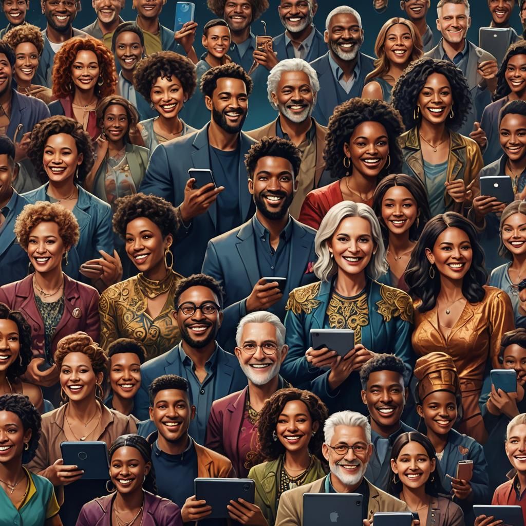 A group of diverse celebrities using tablets and smiling