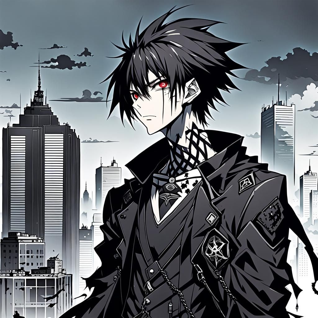 Anime boy goth with cuts all over him and on top of a skyscr...