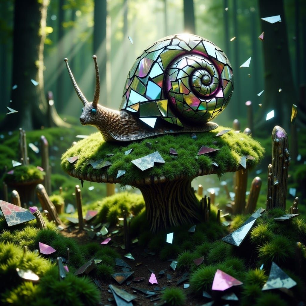 <lora:Shattered v2:1.0>a beautiful snail made of shattered mirrors in a mossy mushroom forest 