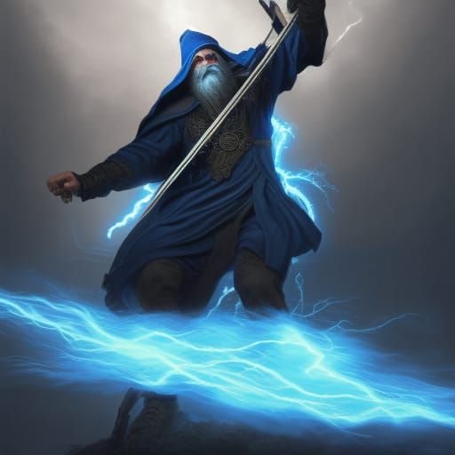 lightning wizard with flashing blue eyes with staff with blu...