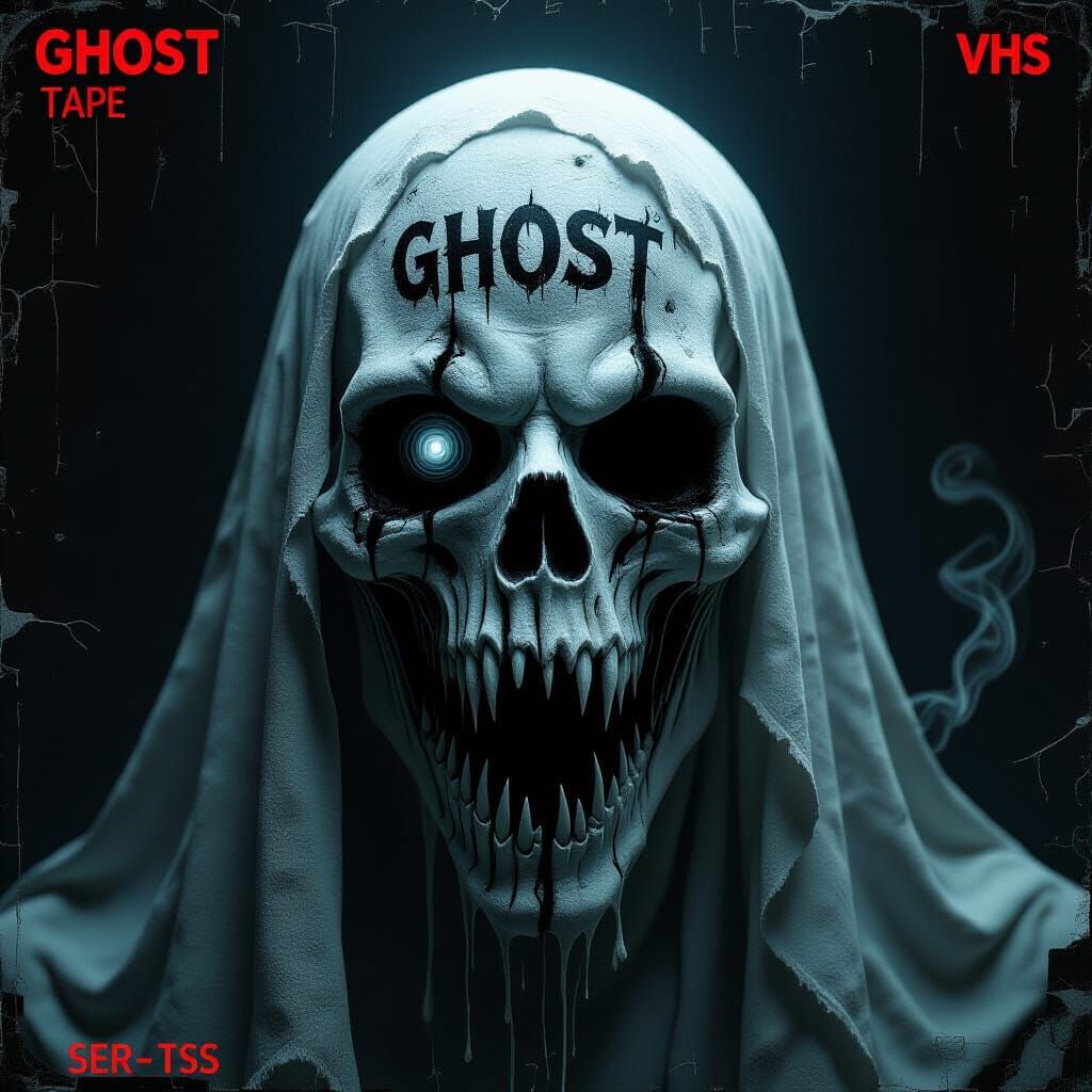 Ultra photorealistic extreme close-up of a cursed ghost entity labeled “GHOST”, composed entirely of corrupted visual data and spectral rot ...